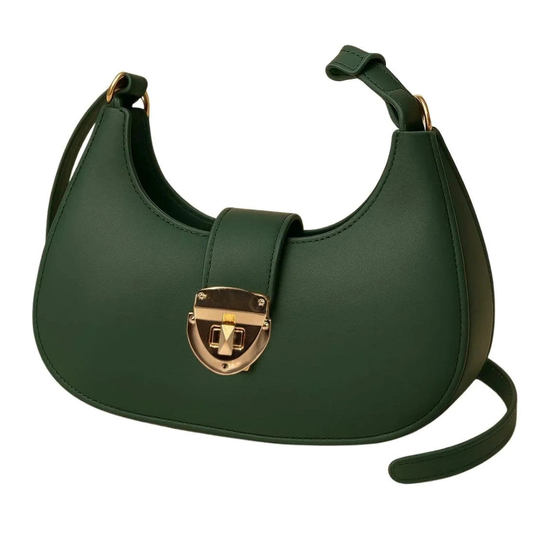 Deep Green Crescent Shoulder Bag for Women | Faux Leather Half-Moon Handbag with Gold Lock