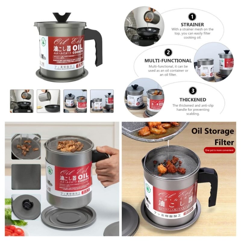 1.4L Fryer Oil Filter Pot Carbon Steel Jug with Stainless Steel Strainer Lid