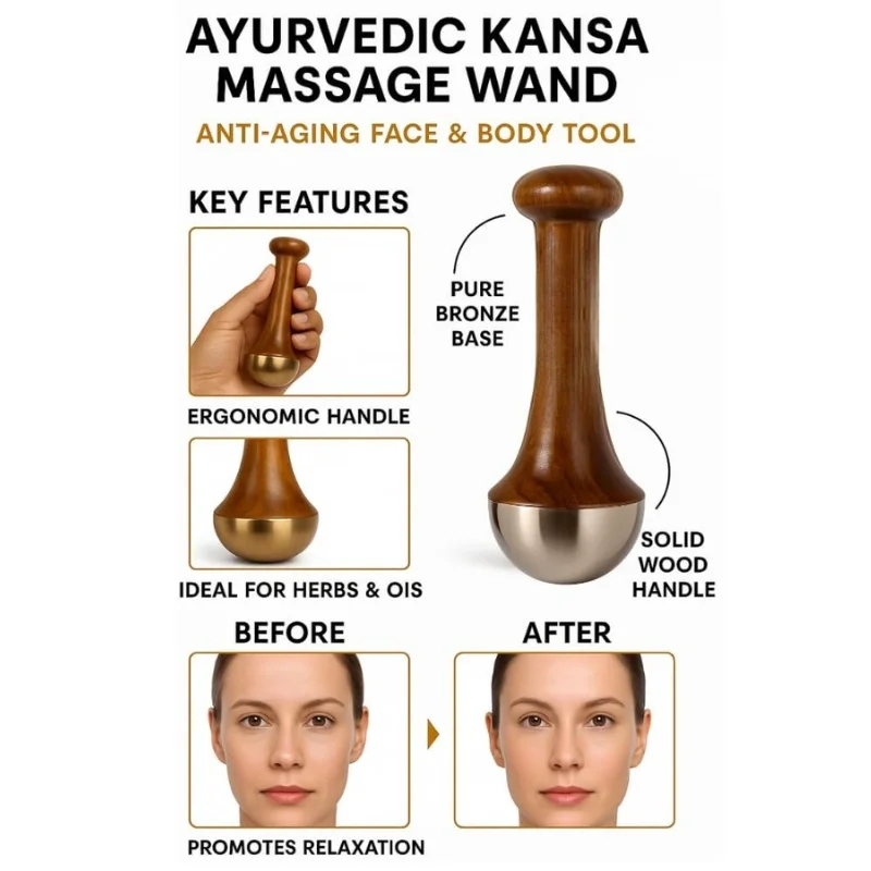 Kansa Wand Face & Foot Massager | Ayurvedic Bronze Massage Tool with Wooden Handle | For Face, Neck, Head & Body thumbnail 2