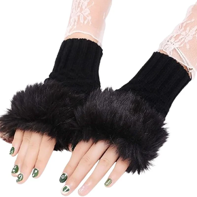 Women’s Faux Fur Fingerless Knitted Gloves