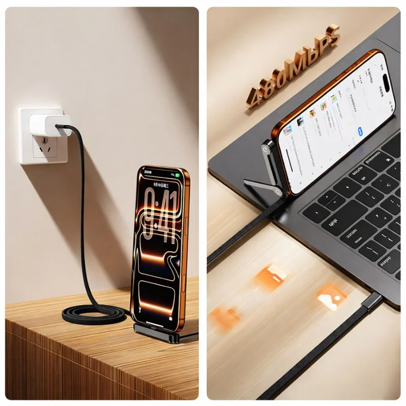 USB-C Fast Charging Cable with Foldable Phone Stand | 2-in-1 Braided Data Cable for iPhone, Samsung & Type-C Devices | 240W