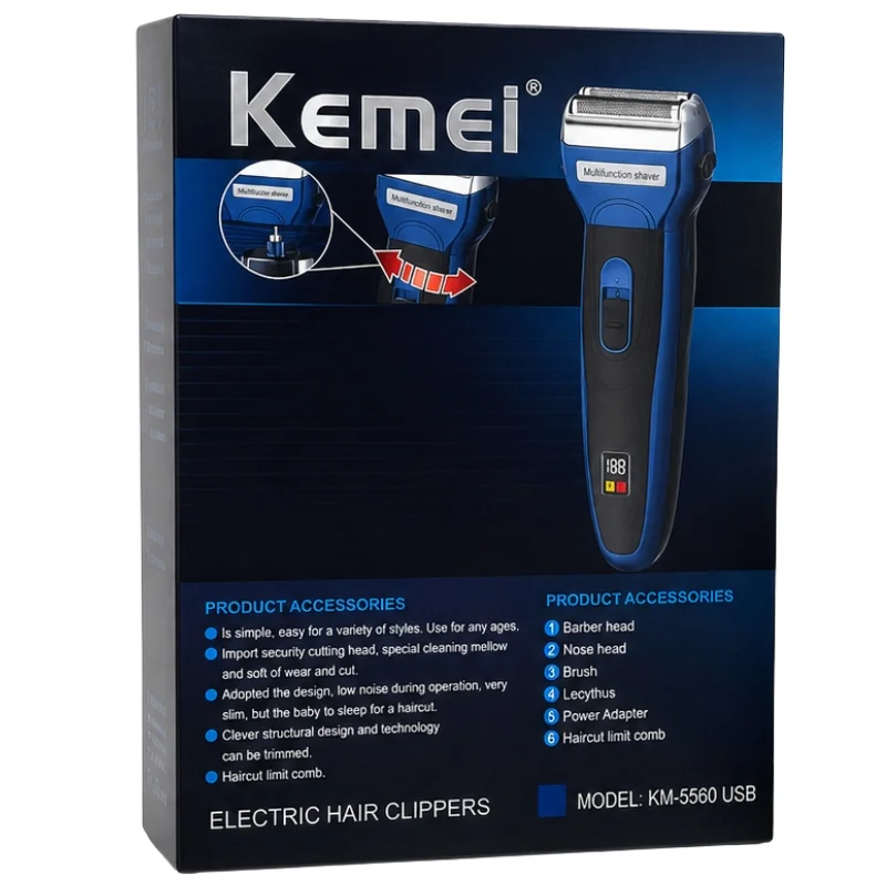 Kemei  USB Electric Hair Clipper | Model KM-5560 |  Rechargeable Hair Trimmer with Nose Trimmer Attachment | Professional Grooming Kit thumbnail 2