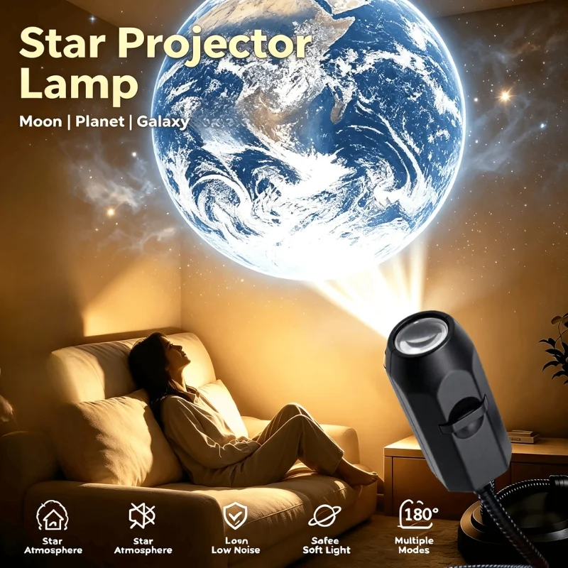 USB Moon & Earth Projection Atmosphere Light | 3 Interchangeable Lenses | Flexible Gooseneck  Projector Lamp