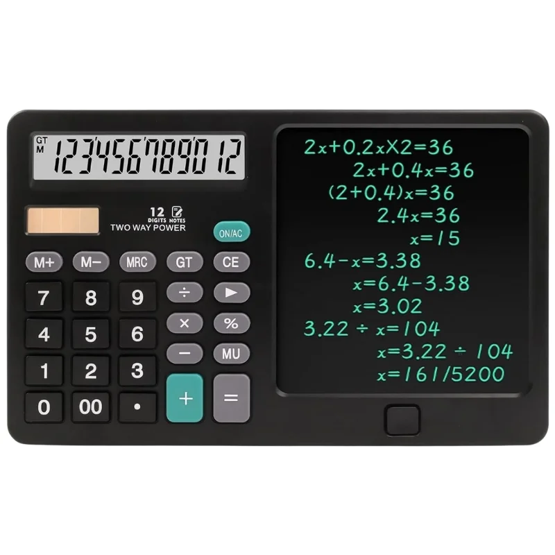 Functional Calculator with LCD Writing Tablet | Model DS-837X | 2-in-1 Digital Calculator & Reusable Notepad | Solar & Battery Powered | Stylus Pen